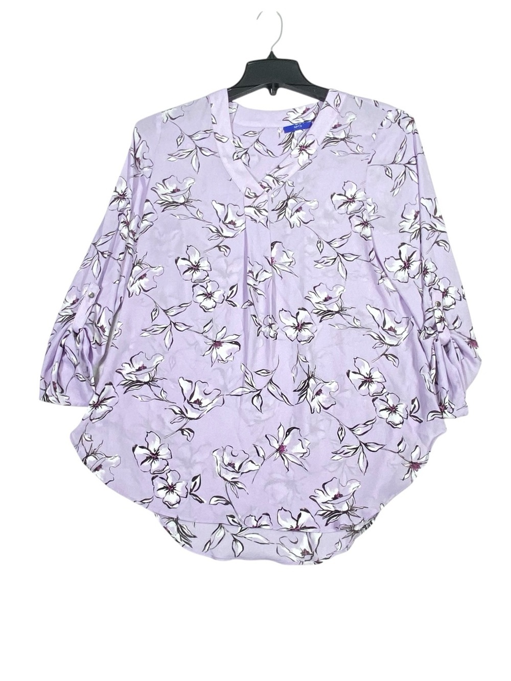 Apt. 9 Tunic Floral Blouse Womens M Lavender V-Neck Roll Tab Sleeves Lightweight